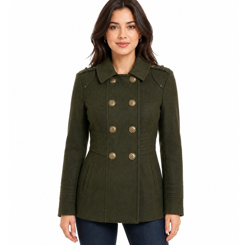 Kenneth Cole New York Olive Green Wool Blend Pea Coat Military Jacket | 6P